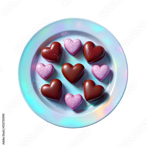 Heart-shaped chocolates on transparent Background top view.