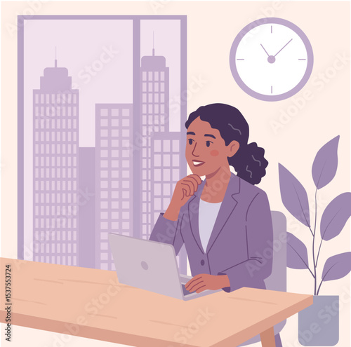 Two professional women in conversation near a city-view window. One holds a coffee mug, the other a tablet. Flat vector style, pastel tones, business setting.