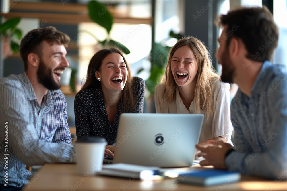 Fototapeta premium Laughter and collaboration among colleagues in a modern office setting during a team meeting