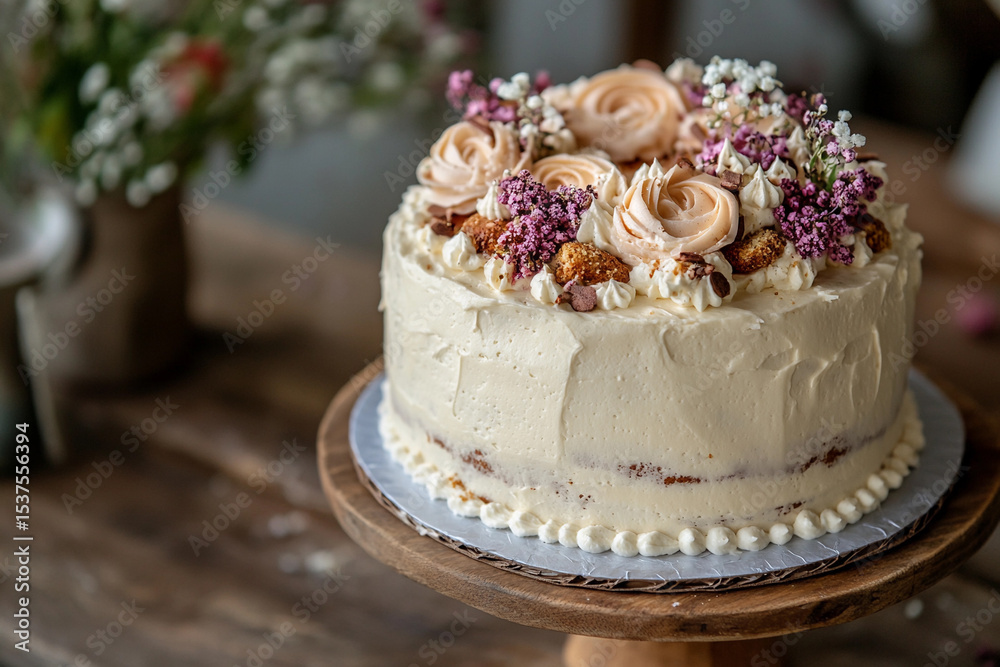 Delicious floral cake topped with cream and edible flowers at a rustic wooden table setting Delicious floral cake topped with cream and edible flowers at a rustic wooden table setting