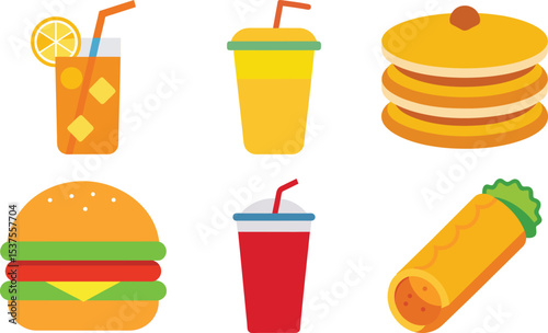 A vector set of fast food icons illustrates delicious meal options like burgers, pizza, coffee, and cake