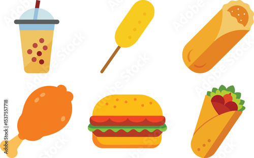 A diverse set of delicious fast food icons featuring burgers, pizza, sandwiches, and desserts, perfect for restaurant designs