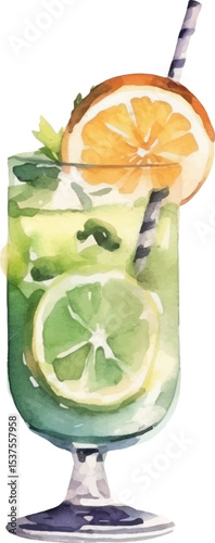 Vector watercolor painted cocktail. Hand drawn design elements isolated on white background.