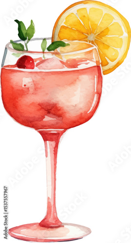 Vector watercolor painted cocktail. Hand drawn design elements isolated on white background.
