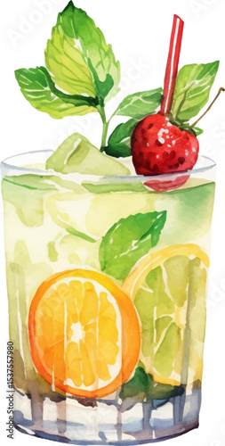 Vector watercolor painted cocktail. Hand drawn design elements isolated on white background.