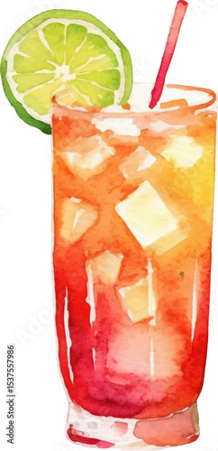 Vector watercolor painted cocktail. Hand drawn design elements isolated on white background.