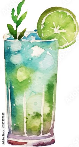Vector watercolor painted cocktail. Hand drawn design elements isolated on white background.
