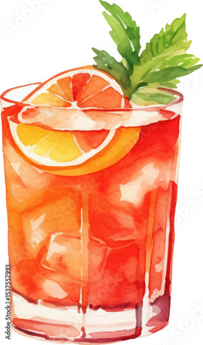 Vector watercolor painted cocktail. Hand drawn design elements isolated on white background.