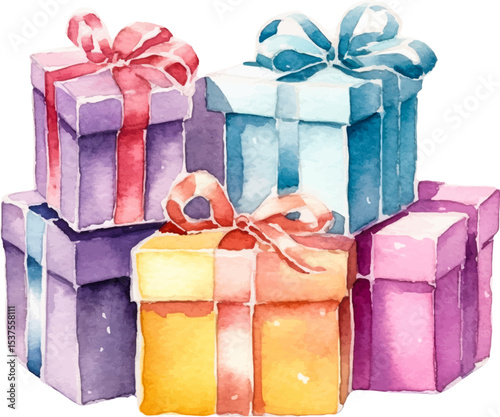 Vector Watercolor painted collection of gift boxes. Hand drawn holiday design elements isolated on white background.