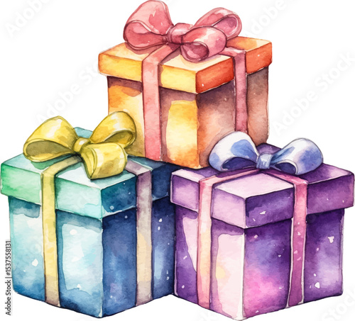 Vector Watercolor painted collection of gift boxes. Hand drawn holiday design elements isolated on white background.