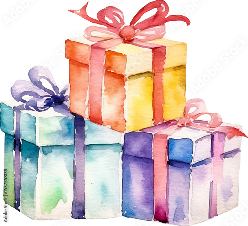Vector Watercolor painted collection of gift boxes. Hand drawn holiday design elements isolated on white background.
