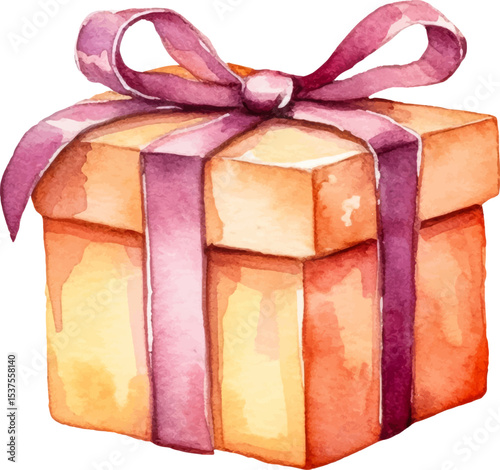 Vector watercolor painted gift box. Hand drawn holiday design element isolated on white background.