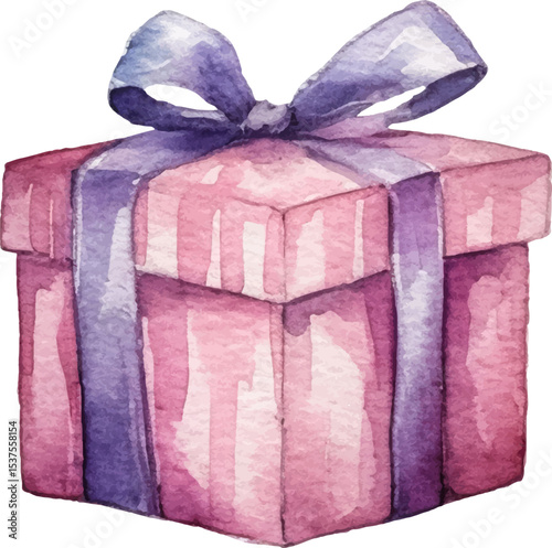 Vector watercolor painted gift box. Hand drawn holiday design element isolated on white background.