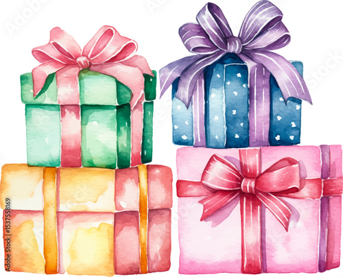 Vector Watercolor painted collection of gift boxes. Hand drawn holiday design elements isolated on white background.