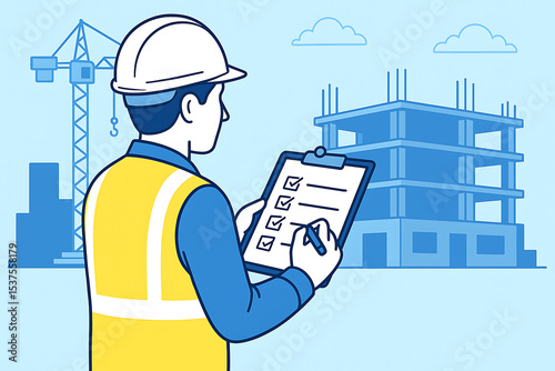 建設現場で安全チェックリストを確認する作業員の後ろ姿イラスト
