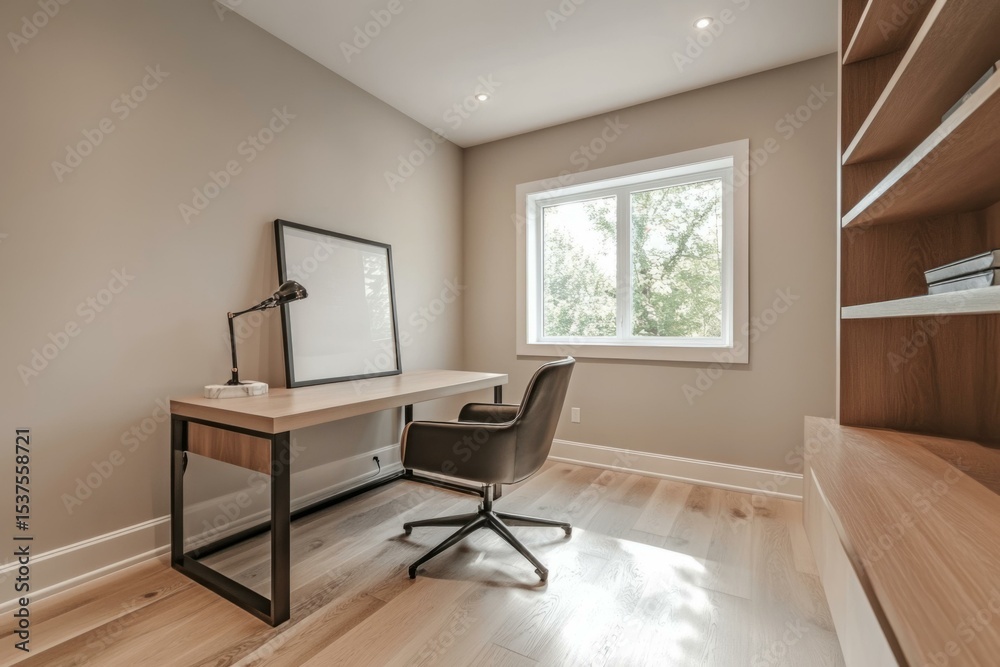 Fototapeta premium Modern empty home office interior with desk, chair, and window view in house for sale, bright space design