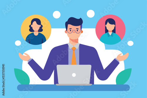 Businessman multitasking managing two female employees using laptop