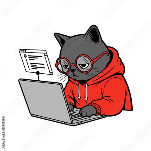 tired cat working on a laptop, software engineer cat, remote job cartoon illustration