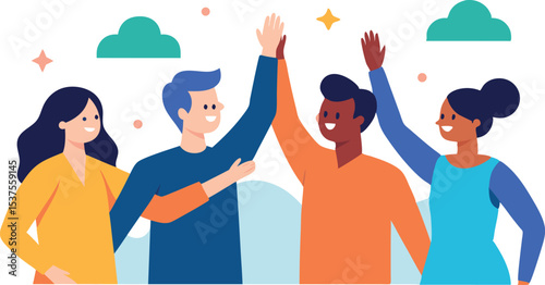 Diverse group of friends giving high fives celebrating success teamwork
