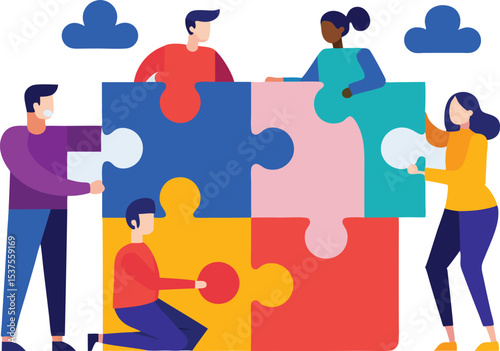 Diverse team collaborating completing colorful puzzle teamwork success