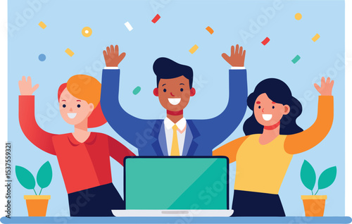 Happy diverse team celebrating success with laptop
