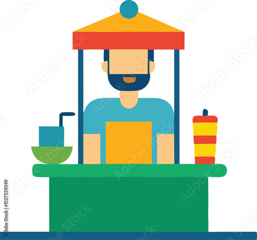 Happy vendor at a summer drinks stand selling refreshing beverages