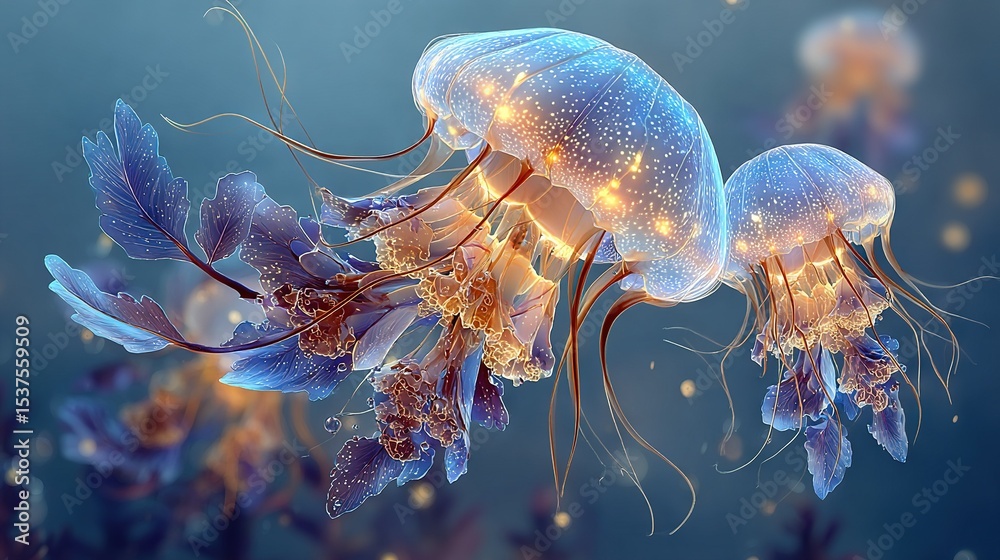 Fototapeta premium A cluster of translucent jellyfish bobbing atop a cerulean sea brimming with multitudes of minute golden and pearly air pockets