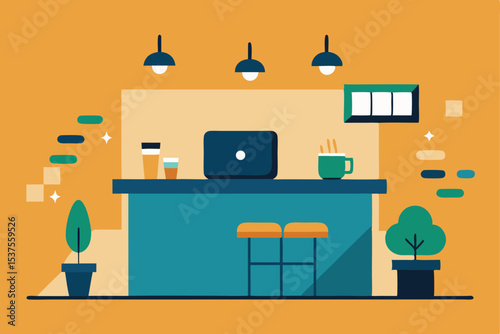 Modern minimalist coffee shop counter design laptop drinks plants
