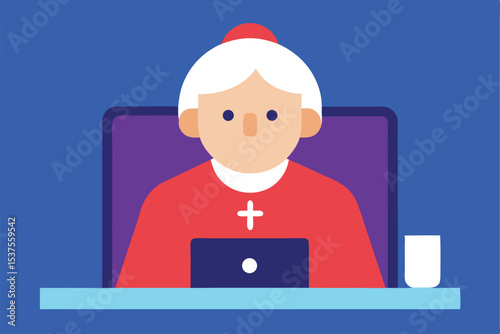 Nun using laptop computer at desk in office