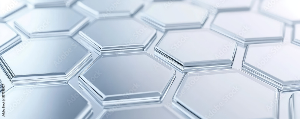 Hexagonal shapes are arranged in a shiny, metallic pattern. Abstract, geometric design Hexagonal shapes are arranged in a shiny, metallic pattern. Abstract, geometric design