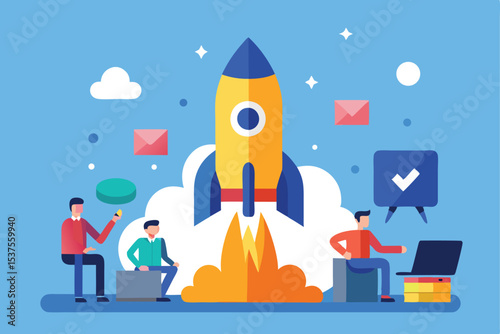 Team launching a rocket startup business success