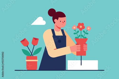 Woman florist arranging flowers in shop small business