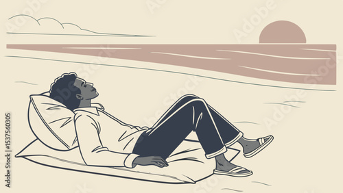 Afro man relaxing on an air mattress by the beach at sunset