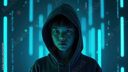 Young hacker kid in hoodie with digital blue code background, cyberpunk style portrait representing cyber security, coding and tech culture
