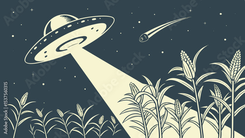 UFO hovering over cornfield under a starry sky at night 