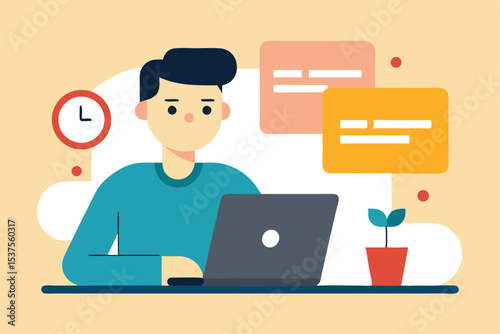 Young man working on laptop with notes and plant
