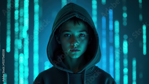 A contemplative young individual stands under glowing vertical lights against a technological backdrop. The kid wears a hooded sweatshirt, reflecting futuristic themes and an introspective atmosphere