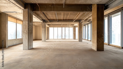Urban building skeleton showing concrete floors and steel supports in open-frame design