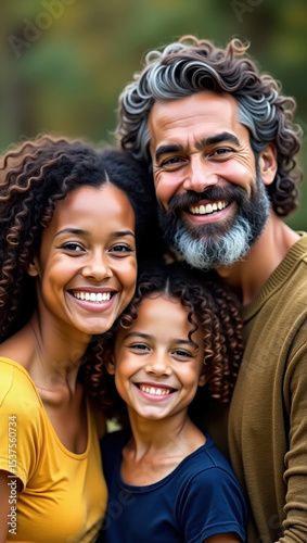 Happy family portrait of three people smiling together outdoors, joyful moment of togetherness and love captured in natural light