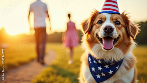 Happy dog wearing star-patterned bandana and party hat outdoors at sunset, cheerful summer scene with people walking in background