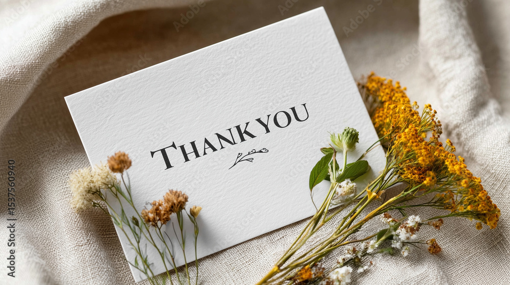 Naklejka premium Thank you card with dried flowers on soft fabric 