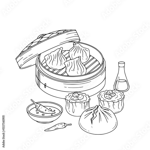 Line Icon - Simple Vector Outline of Dim Sum Basket with Dipping Sauce  