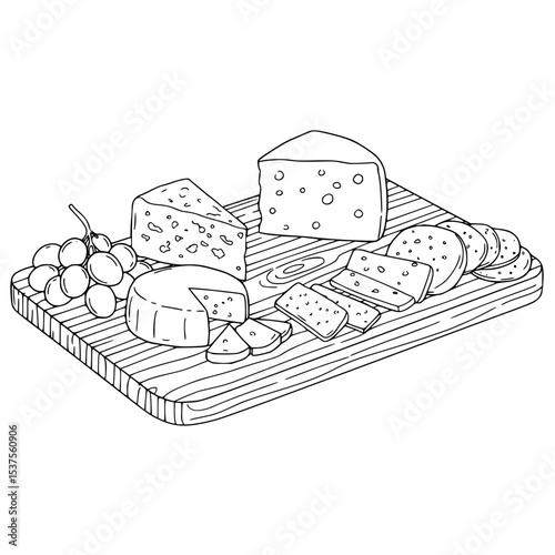 Line icon of assorted cheeses and grapes on wooden cutting board  