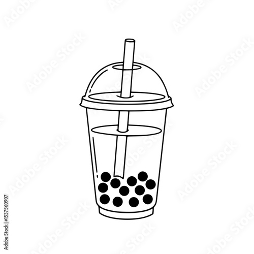 Clear plastic cup with straw filled with bubble tea in outline design  