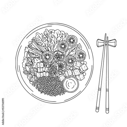 Buddha Bowl, Vegetable salad in a bowl with chopsticks in minimalistic black line design  