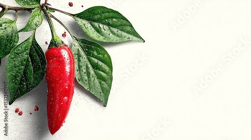   A close-up photograph of a red bell pepper dangling from a tree, surrounded by green foliage and droplets of water on its upper surface
