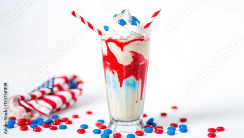 Colourful milkshake adorned with layers of red, white, and blue, topped with whipped cream and sprinkles. The theme conveys American patriotic spirit