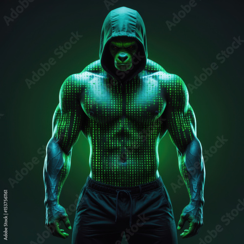 Powerful digital figure in futuristic hooded suit with glowing green matrix code