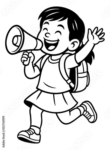 Happy cartoon schoolgirl with backpack shouting into megaphone. Black and white SVG illustration with transparent background, cutout and isolated design.

