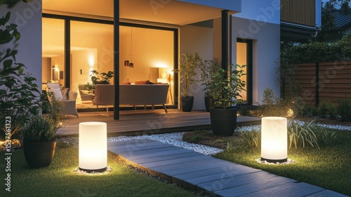 Evening patio scene with modern lighting
